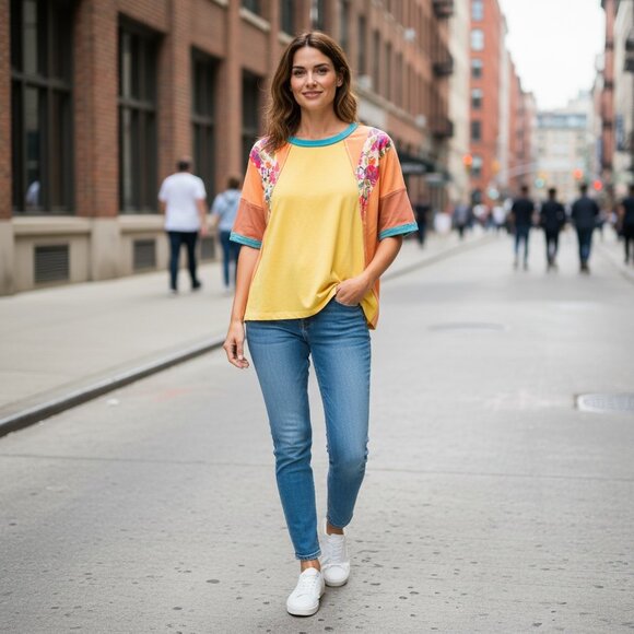 Easel BOHO Mixed Media Dolman Sleeve Tee Top Sz L #247L - Picture 3 of 6